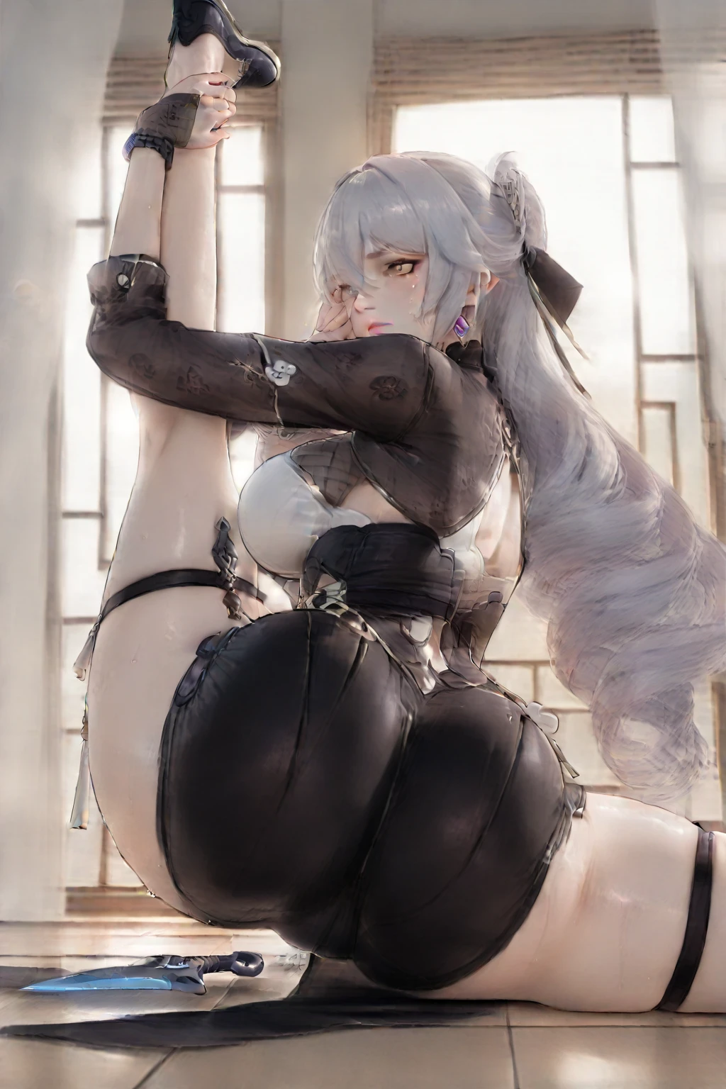 (Super detailed、Ultra-high resolution、8K masterpiece、Vibrant colors)、((Flat Color))、((colorful))、Multicolored lighting、((浮かぶcolorfulな水))、Blue background、
Maid clothesを着て縛られた女、(Golden chains on body、Golden handcuffs)、sit on a round stool、Random Sexy Poses、Angle seen from behind、
(ponytail、Vermilion, silver and gold hair、Big Breasts、Brown Skin、Red lipstick)、(Maid clothes、choker、hair ornaments、Skirt with slits、Knee-high stockings、garter belt、Wedgie Panties)、Beautiful hip line、TWICE's Tzuyu' on pause、Beautiful blue eyes、(A rich expression、Ahegao、happy、fun)
