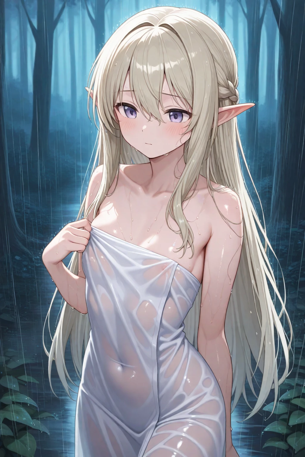 (((Top quality, 4k, 8k, high resolution, masterpiece: 1.2))), (super detailed), (realistic), (photorealistic), (photorealistic: 1.37), (HDR, UHD), (studio (lighting)), ultra-fine drawing, sharp focus, physically based rendering, highly detailed, professional, vibrant colors, perfect ditaile hand, highly detailed realistic eyes, anime, cartoon,
(((night, late night, dark, moonlight))), forest, deep forest, small lake,(((One Woman, one girl))), (((to enter a lake, to enter the water, to wad up to one's waist in water))),(((back turned, look back))), looking at viewer, Blonde, Long Hair, Elf Ears,
(((Pure white dress, pure white silk dress, pure white translucent dress, pure white long dress))),
(((Drawers))),
(((hair wet, Naked wet))),
(((Long shot, Distant view))),