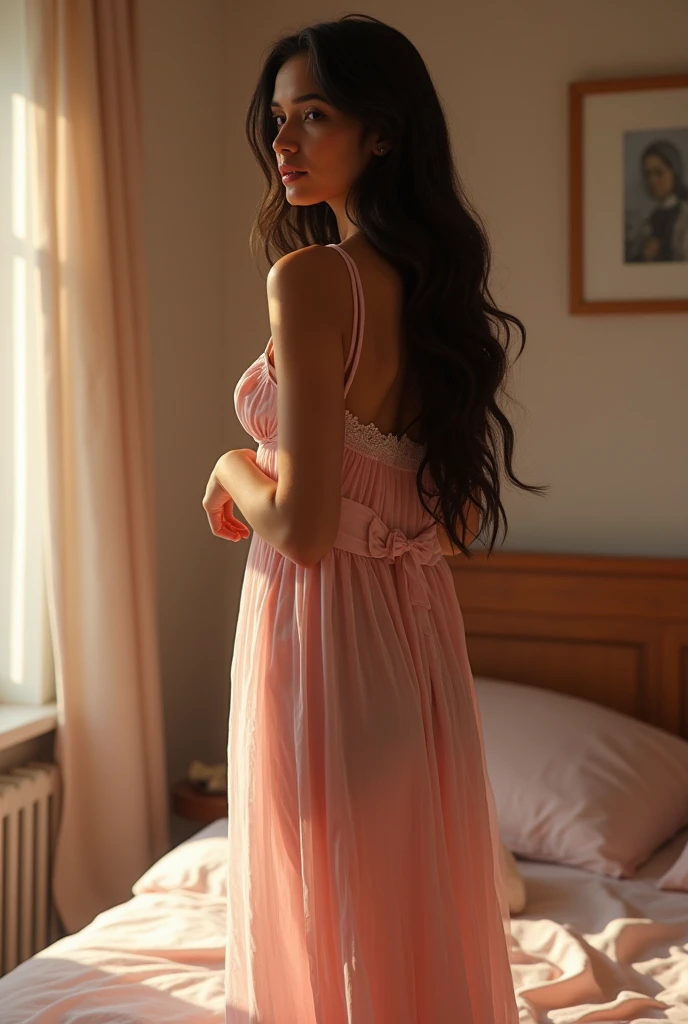 RAW, Best quality, high resolution, masterpiece: 1.3), beautiful Malay woman, Masterpiece, perfect fit body, big breasts, beautiful big eyes, long hair, brown hair, open stand, Soft smile, thick thighs, woman in a floral dress standing in a bedroom, wearing patterned pink dress floral gown, patterned sleepwear, wearing pantterned pink floral chiton, floral art novuea dress, long luxurious gown, lady with glowing flowers pantterned dress, beautiful soft silky pantterned dress, floral dream, wearing long gown, wearing a long flowery pantterned dress, wearing a flowing patterned dress, she is about 2 0 years old, she is about 20 years old, pale skin Malay girl, smooth pink skin, beautiful women, beautiful Malay woman, she is about 2 , she about 30 years old, he is about 3 0 years old