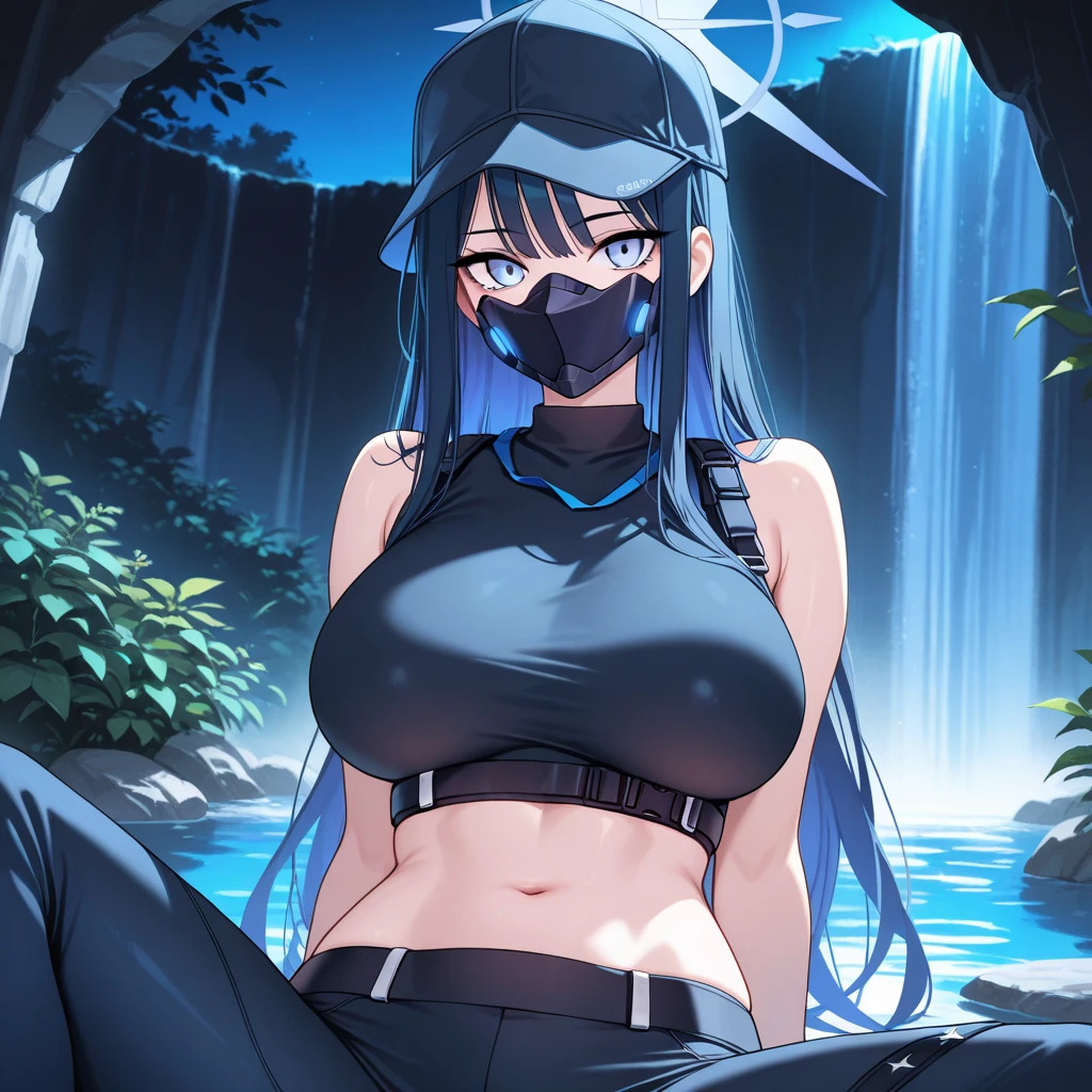 master part, high, high quality, detailed face, Detailed body, full body, nude, 1girl, solo, hinata hyuuga, blue hair, nude shoulders, sexy pose, large breasts, fox ears, fox tails, dark lips, standing blushes, landscape, night