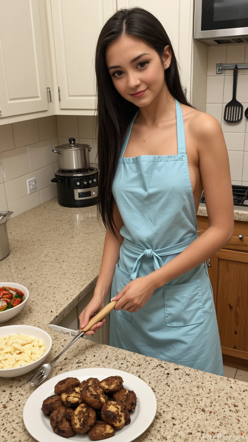 Girl, black hair, older sister, tie her hair in a ponytail and laugh at the speaker, high-quality picture, masterpiece, beautiful girl, cafe, wear apron, no clothes, sexy underwear