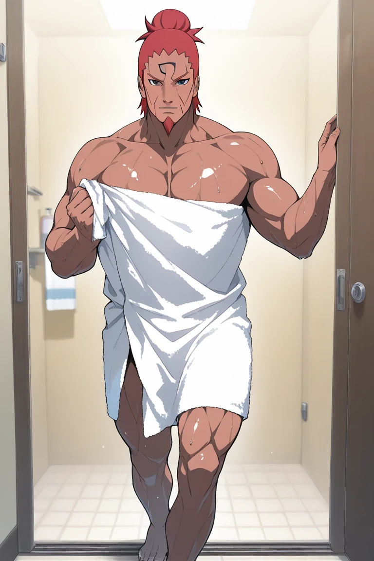 In the morning corridor, there's a slender and mascular young man in his tighty whities. He is running. He is pissing himself. His tighty whities has a pee wet spot around the bulge of his briefs. His pee is dropping off from his briefs There's pee puddles on the floor. He holds his crotch to stop pissing but his pee is still leaking out. He looks panicking and scared. Anime.