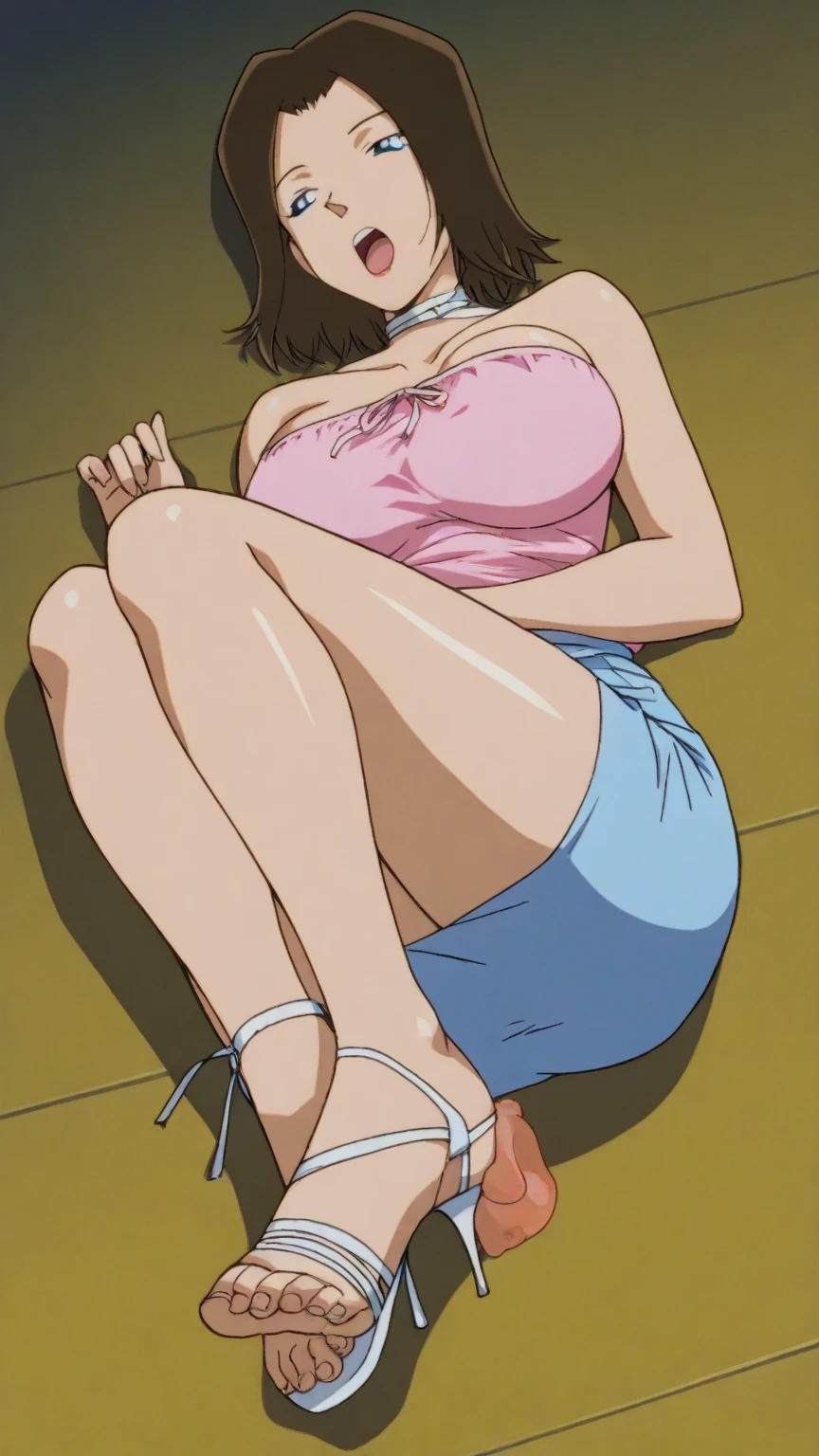 masterpiece, highest quality, High resolution, One girl, alone, sexual intercourse, Pornographic images, short hair, etsukoto, Brown eyes, fine grain, fine grain, (((Thick thighs, Plump thighs, Voluptuous thighs, Thighs alone are enough))), Huge and ample breasts, Cleavage, Huge long breasts, Naughty big,((Big breasts are important))、((Naughty thighs)), L Cup, (thin:1.4),(Tight waist:1.4),  (Yellow Dress:1.4), ((white waist apron)), White panties, anguish, :o, blush, (((Simple Background))), ((Wide Hips)), Shiny, Oily skin, Mature mother, Calf, Seductive mature woman, Perfect body, Plus Size Model, etsukoto, blush, clavicle, retro artstyle, 1990s (style), lying, ((legs together up)), (nsfw), from side,