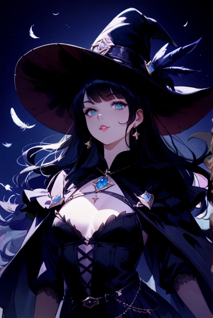 young woman, black hair, largo sombreo de witch, high, maniac, lip painted black same color eye shadow,  witch