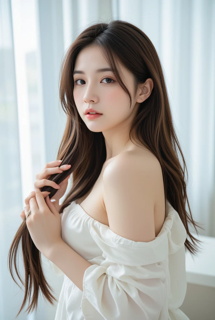 (masterpiece, best quality:1.2), 1girl, solo,mature_lady, delicate face,detail eyes,long hair, floating hair,medium breasts, upper body,,White lace tube top dress,in a student dormitory