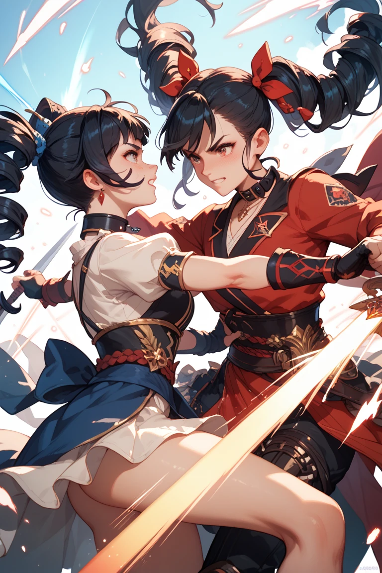 Two women in Chinese dresses are fighting in the ring