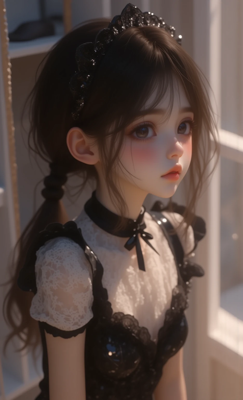 CHILD girl with a black bow and a black dress, girl with dark brown hair, girl with brown hair, black hair ribbons, a beautiful teenager-old, wearing hair bow, young girl, brown hair and big eyes, half-length photo, photo of young woman, young, beautiful girl, she is about 1 6 years old