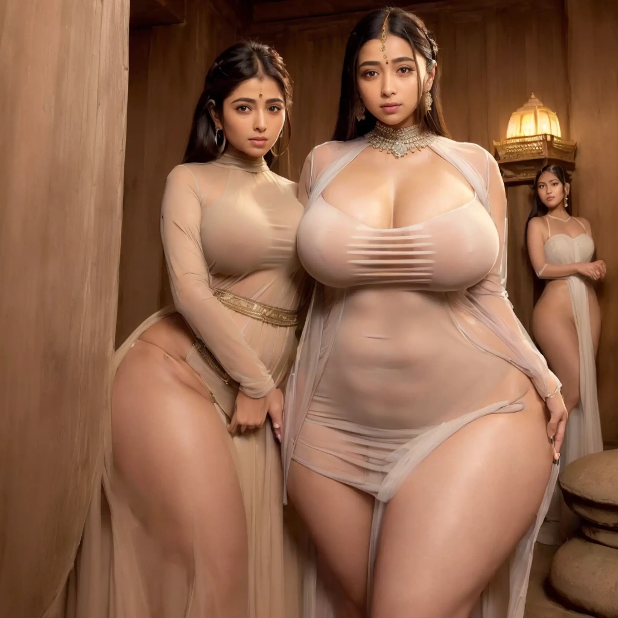 (((Ultra High quality))), (((masterpiece))), (((front lighting:1.2))), potrait of Indian goddess, ((((group of many woman:1.5)))), ((a group of woman:1.5)), ((hugging each other:1.2)), beautiful asian face, detailed face features, attractive eyes, seductive smile, long braided hair, (((tanned color skin tone;1.5))), big necklace jewelry, big diamond earring, diamond bracelet, Tighten the body, clothes details, ((wear one long sutra dress:1.2)), ((skin tight clothes)), ((ancient greek clothes:1.2)), ((transparent clothes)), looking at viewer,curvy body, big breast, huge booty, thin waist, ((natural abs)), ((wide hips)), (thick thigh), (thick legs), morning atmosphere, ((india building tample landscape)), standing pose, waterfall landscape