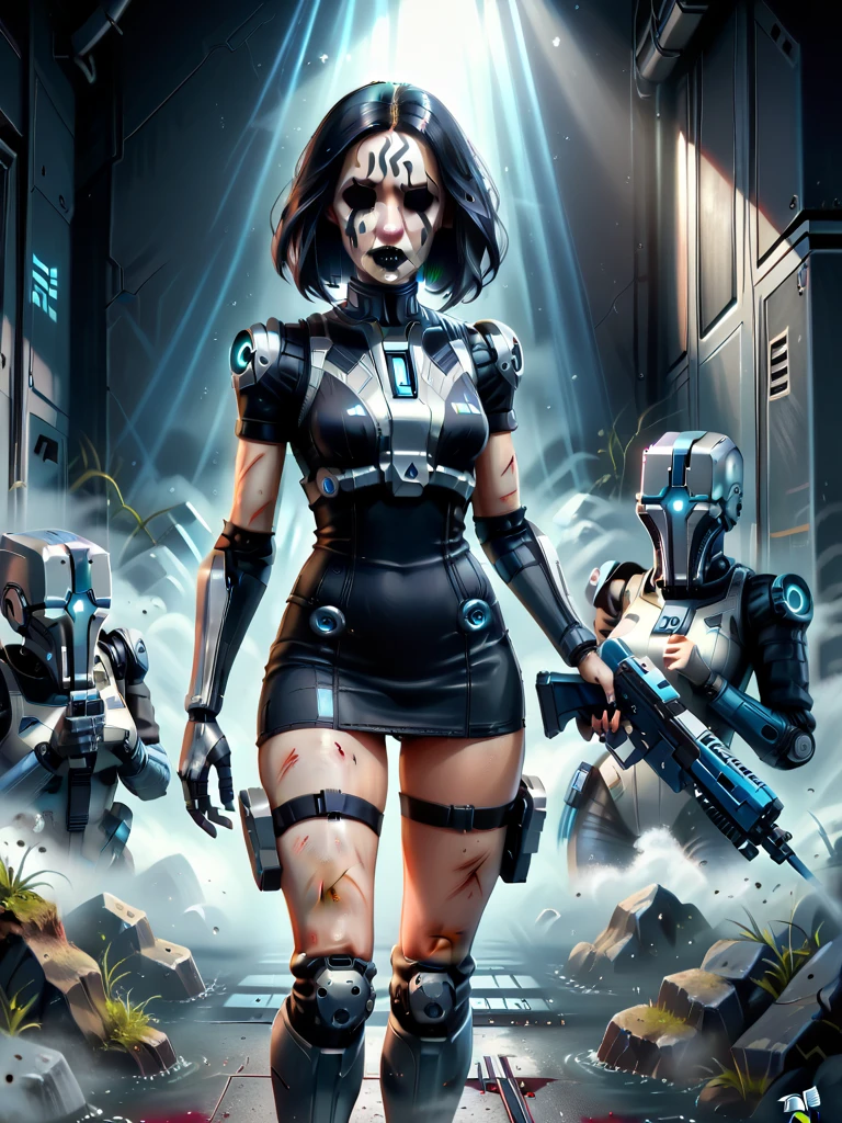 C7b3rp0nkStyle, dark night, prehistoric maze mysterial garden, moai statue, waterfall, cyberpunk, sci-fi, futuristic, tech. (((((1girl, solo, alone))))), medium-breast:1.1 slim body, cleavage, sexy clothes, (headphone, black sunglasses, long black realistic hair), (((hip-up standing and holding pistol))), half-body thigh level medium shot, cinematic lighting, lens flare, ray tracing.