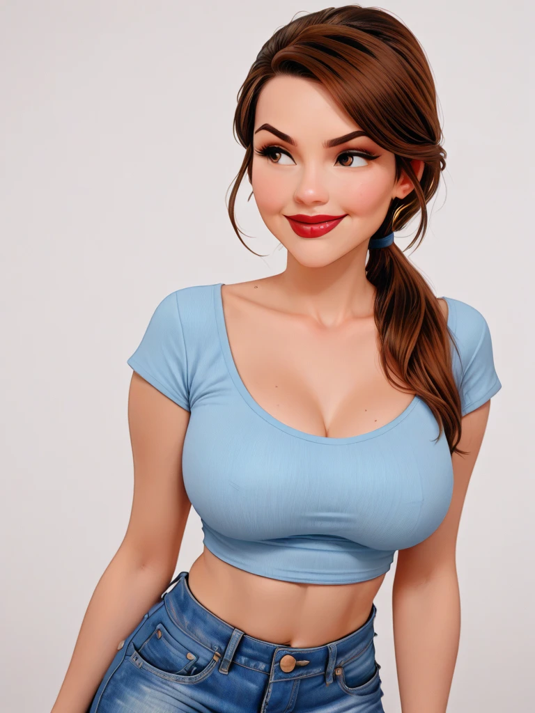 three-quarter body shot, shot, (crop top tee shirt:1.1), (tone abs:1.0), (shoulders back:1.1), (smile with mouth open:1.2), (looking at me:1.5) (Masterpiece, Professional lighting, 16k, 8k wallpaper, raw photo, photorealistic:1.8, ultra detailed, natural lighting, detailed skin, detailed face, detailed eyes), 1 beautiful playful girl, long curly blond hair with bangs, necklace, blue eyes, sexy gaze, (lips apart:1.2), (two front teeth overbite:1.0)