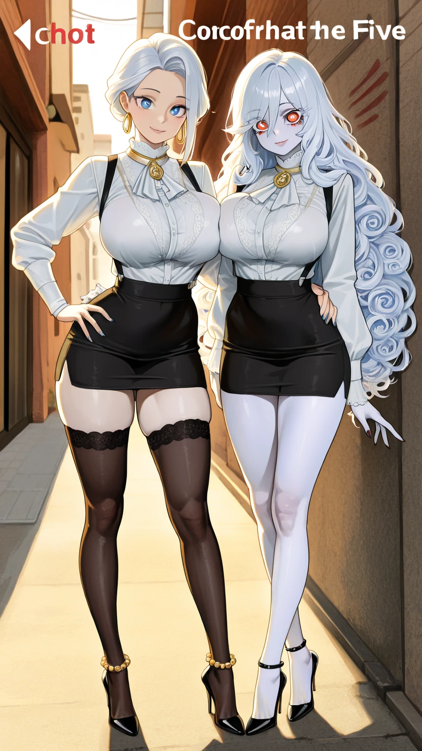 Super detailed、highest quality、Best image quality、masterpiece、8K、(two women lined up:1.5)、Anime Face、A kind smile、Open Mouth、Sparkling Blue Eyes、(Long blonde wavy hair:1.5)、Heavy bangs、Wearing a maid headband、(SFW huge body)、Cowboy Shot、(Wearing a white thong:1.5)、Muscles of the whole body、Knee-high socks