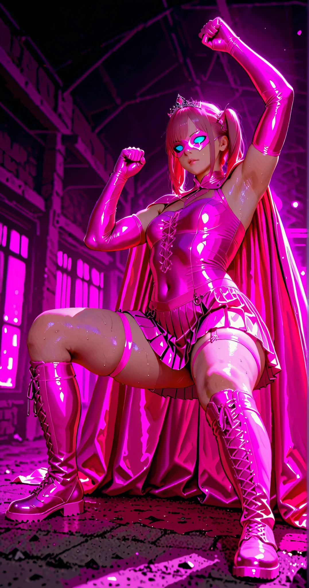 Young female, outdoor, 仮面舞踏会, (((from below))), kneeling, pastel color, wrestling outfits mixed (((intricate))) ((sexy dress)), tiara, too short pleated skirt, muscle, knee up, thick thigh, wrestling boots, wide hip, bate navel, elbow gloves, perfect hand, 1armpit, right hand on chest, left hand fist up, covered shoulders, short cape, (((sweat))), dirty wet ground, solo, highres, detailed, perfect lighting mixed natural lighting, professional quality, glowing depth, bokeh, masquerade mask, garter belt, at front of dark house, noon, dynamic, pose, fighting pose, action pose, hero landing pose,