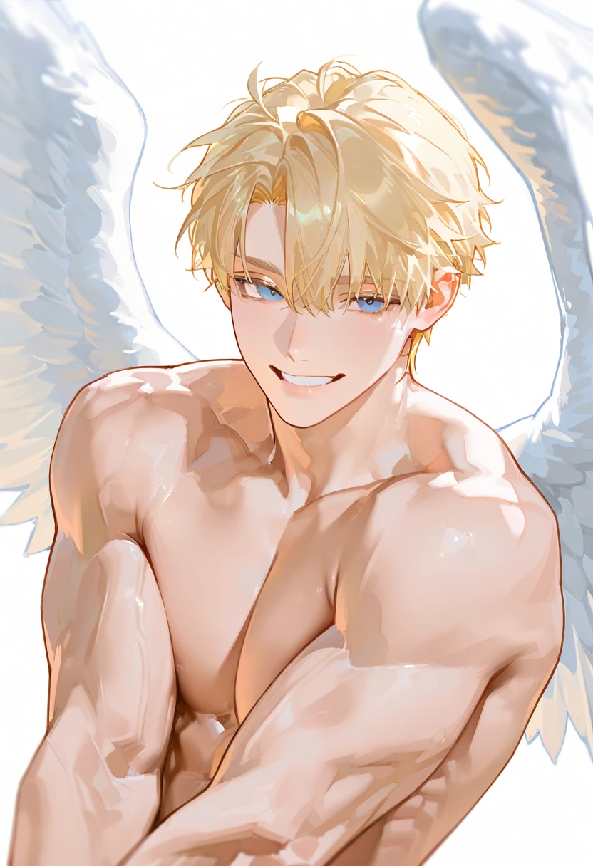 young teenage man with blonde wavy hair, semi-round face, golden eyes, big smile, cute, with white angel wings, naked showing his cock