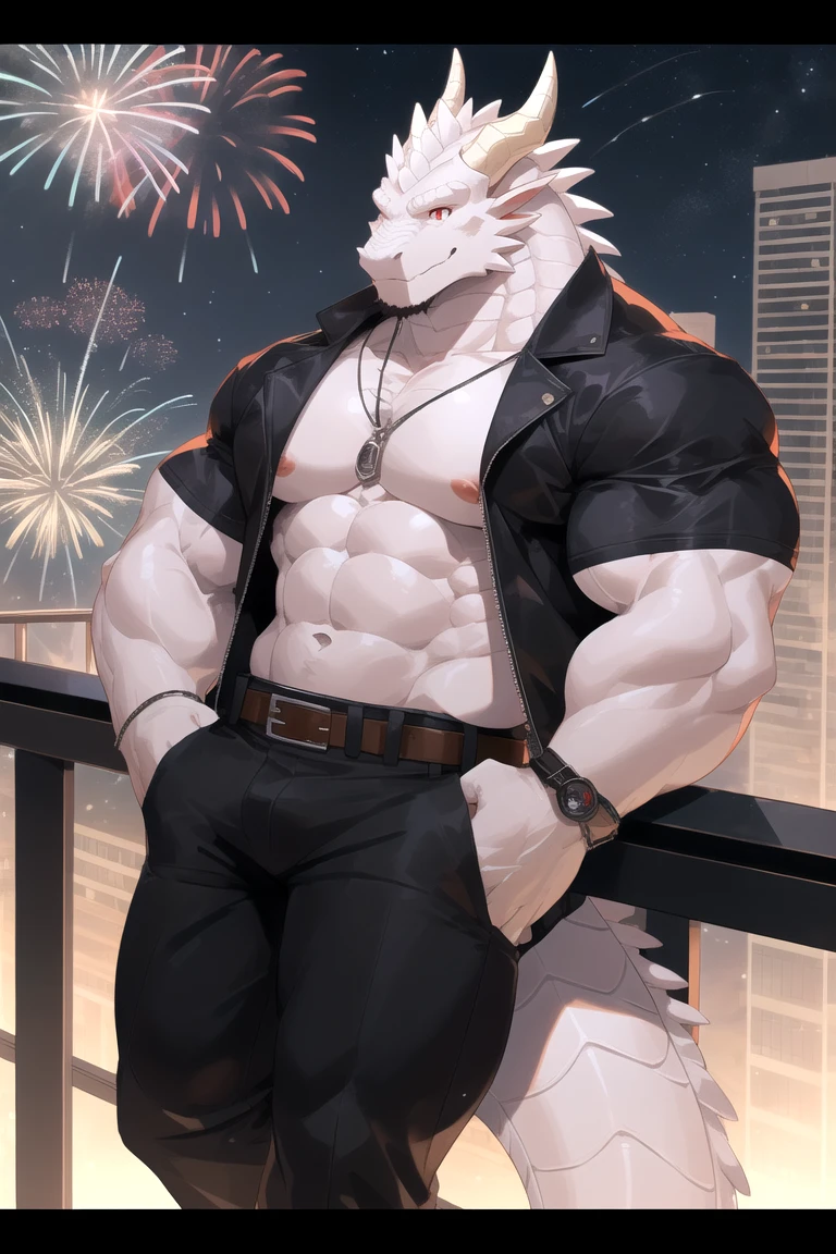 ((anthro, male wolf)), holding a takeway coffee, street, night, fireworks, sexy, big bulge