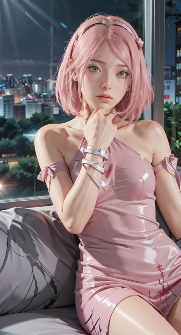 soft lighting, 1girl, solo, sitting, (starry sky, night, city),(pink legwear:1.2),thigh highs,pink garter,(huge_breasts:1.4), cat ears, (subsurface scattering), log hair, pink leotard,highleg leotard, frilled leotard, pink trim,black sofa, messy hair, pink hair, elbow gloves, transparent clothing, window, bookshelf, lace neck garter,white bows,pink ribbons