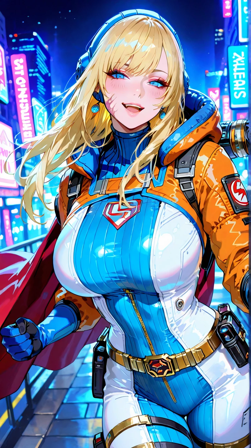 1girl, (smile), left cheek electric scar, great fire behind girl, (electricity:1.5),(blue explosion:1.2), laboratory, operating room, operating table, operating machine, solo, wattson, masterpiece, highly detailed, blue eyes, detailed eyes, expressive detailed eyes, wide eyed, detailed pupils, blonde hair, long hair, orange jacket, jacket, blue shirt, blue top, blue skinsuit, white pants, blush, plain background
