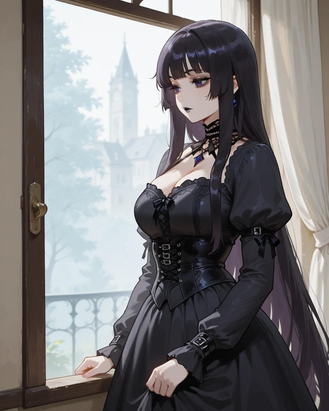 masterpiece, (absurdres:1.1), best quality, extremely delicate, (beautiful face:1.1), elegant, (great composition), bags under eyes,  (dark:1.1), arafed image of a woman black dress formal portrait of female inspired by Li Chevalier, portrait knight female, gorgeous female paladin, Victorian era black dress formal girl, crisp clear rpg portrait, female paladin, highly detailed exquisite fanart, female black dress funerals , elisha cuthbert as a d&d paladin, dressed in black blonde blue eye long length hair