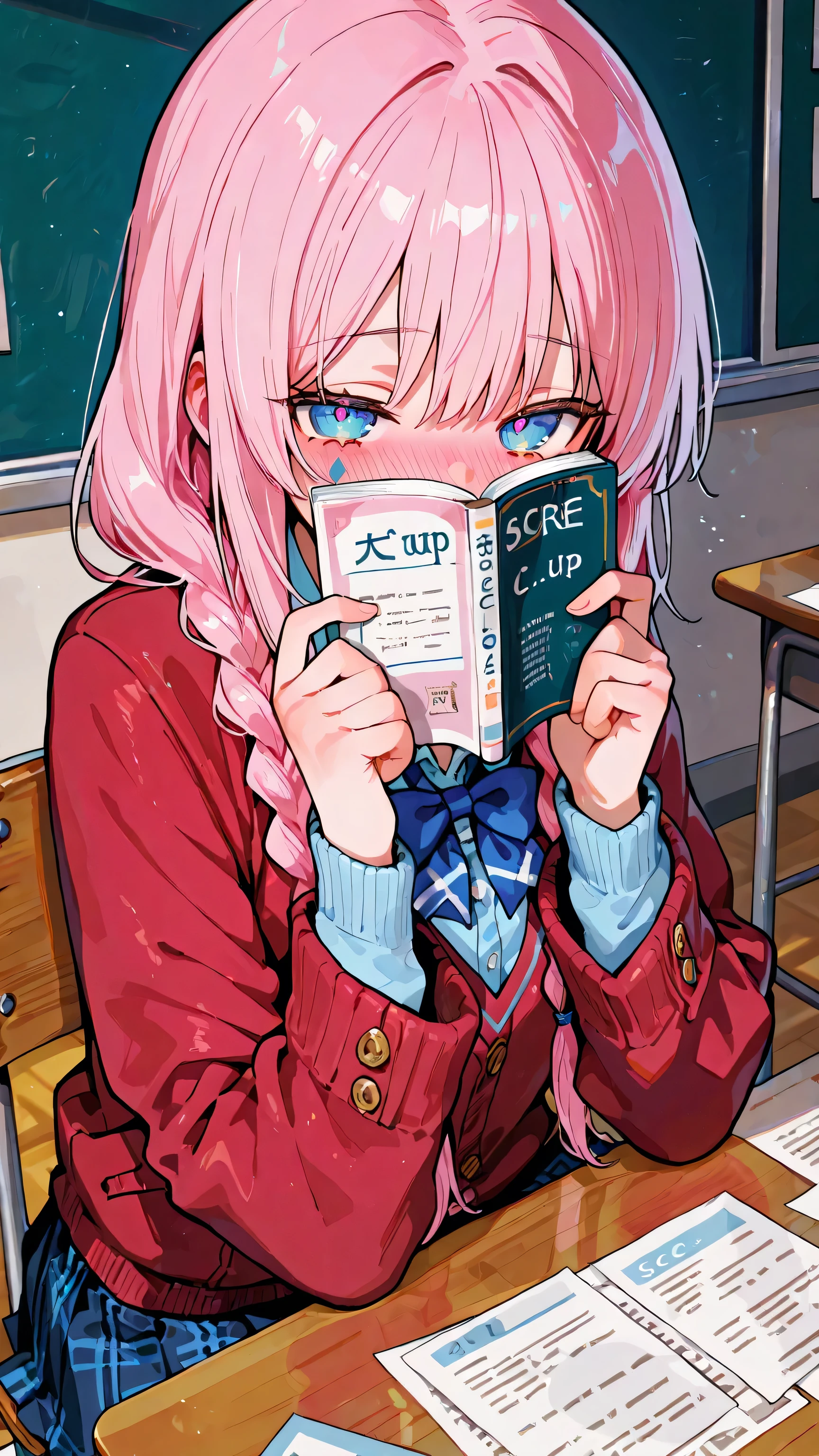 score_9, score_8_up, score_7_up, masterpiece, best quality, amazing quality,, citlali, long hair, facial mark, pink hair, blue eyes, twin braids,, skirt, shirt, bow, school uniform, jacket, red jacket, pleated skirt, bowtie, sweater, blue bow, blue shirt,, classroom, sitting on chair, paper on table, chair, blushing, blush, smile, looking at viewers, covering face with book