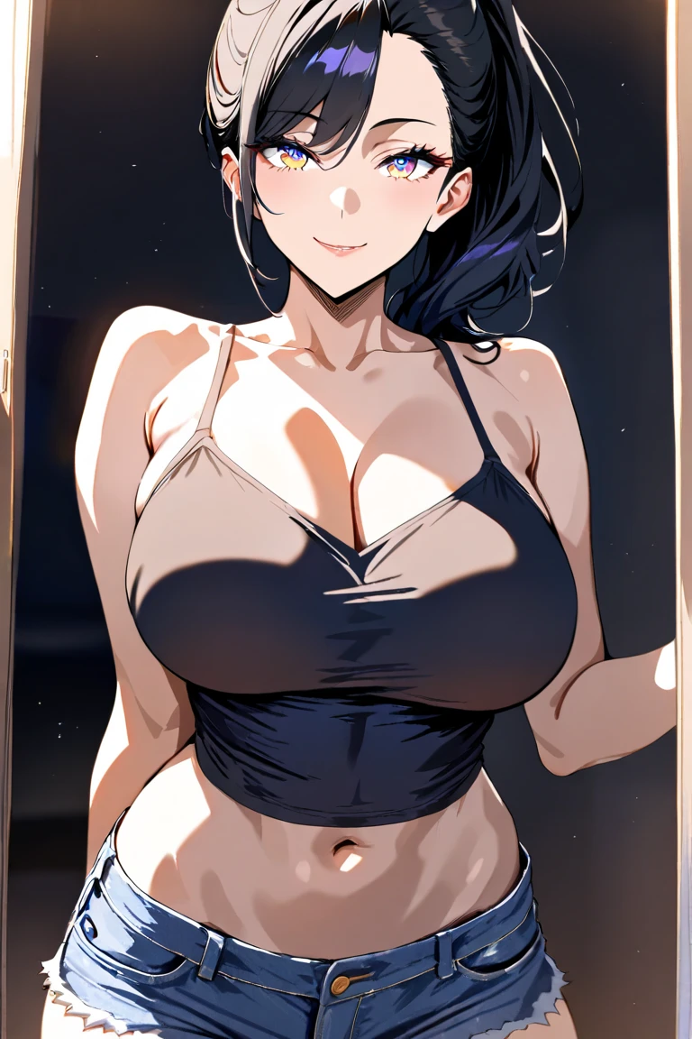 masterpiece, absurdres, hinata\(boruto\), 1girl, solo,mature female, sleep wear, looking at viewer, (falling petals), perfect composition, detailed lips, huge large breast, beautiful face, body propotion, blush, (pink lips), long hair, purple eyes, soft gaze, super realistic, detailed, selfie, realistic face and body, sweat body, hand squezing breast, bed room, shy face, smiling