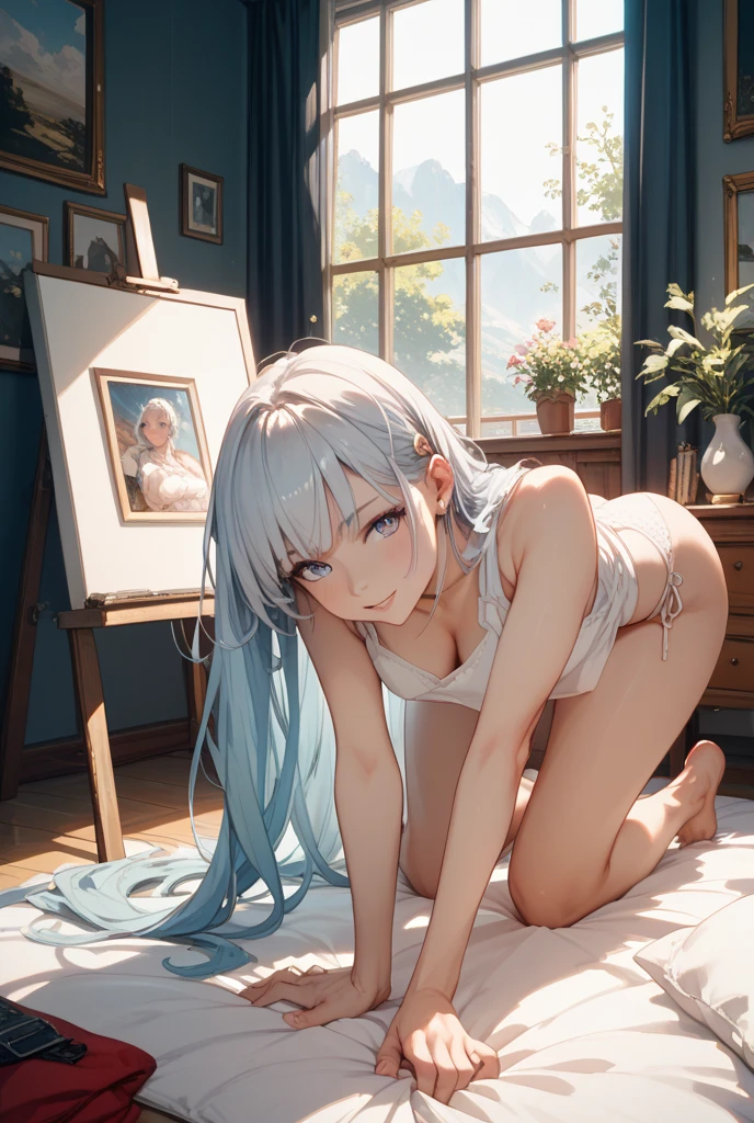 Super masterpiece,top-quality,ultra-detailliert,realisitic,Hyper-detailing,(((NSFW))),(Perfect Anatomy),1girl in,Solo,Blue eyes,Slender body,((small tits)),((Small buttocks)),Embarrassed blush,gleaming skin,(Transparent Polyvinylidene Chloride),(((Sheer)))