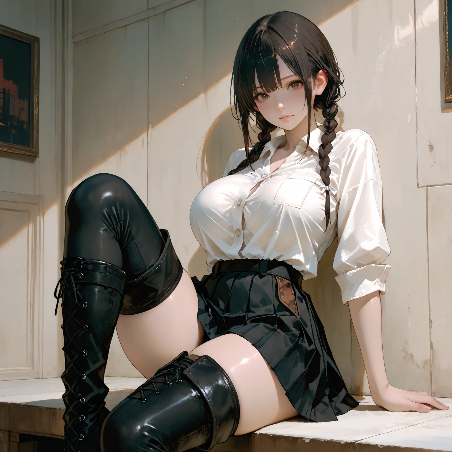 25 year old girl, Italian features, long loose black hair, super mega gigantic breasts, white shirt untied and torn open, black lace bra, black miniskirt, in a dungeon, tied to a horror movie torture chair, her arms are tied on the armrests of the chair, she wears a slave collar