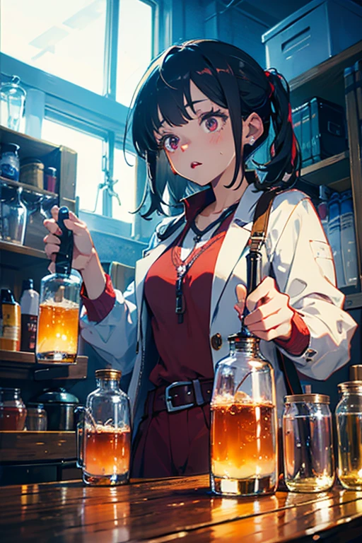 masutepiece, High resolution, Anime-style beautiful girl, Being in a dirty beaker, Immersion in liquid, homunculus, Magic Circle, Small room with phosphorescent flash, Perfect Beautiful Girl, No clothes, glowing from the inside, Staring at the viewer, laught, 3D Rendering, Perspective, Awesome anime illustrations, Impressive lighting, Fantastic, dangerous, immensity