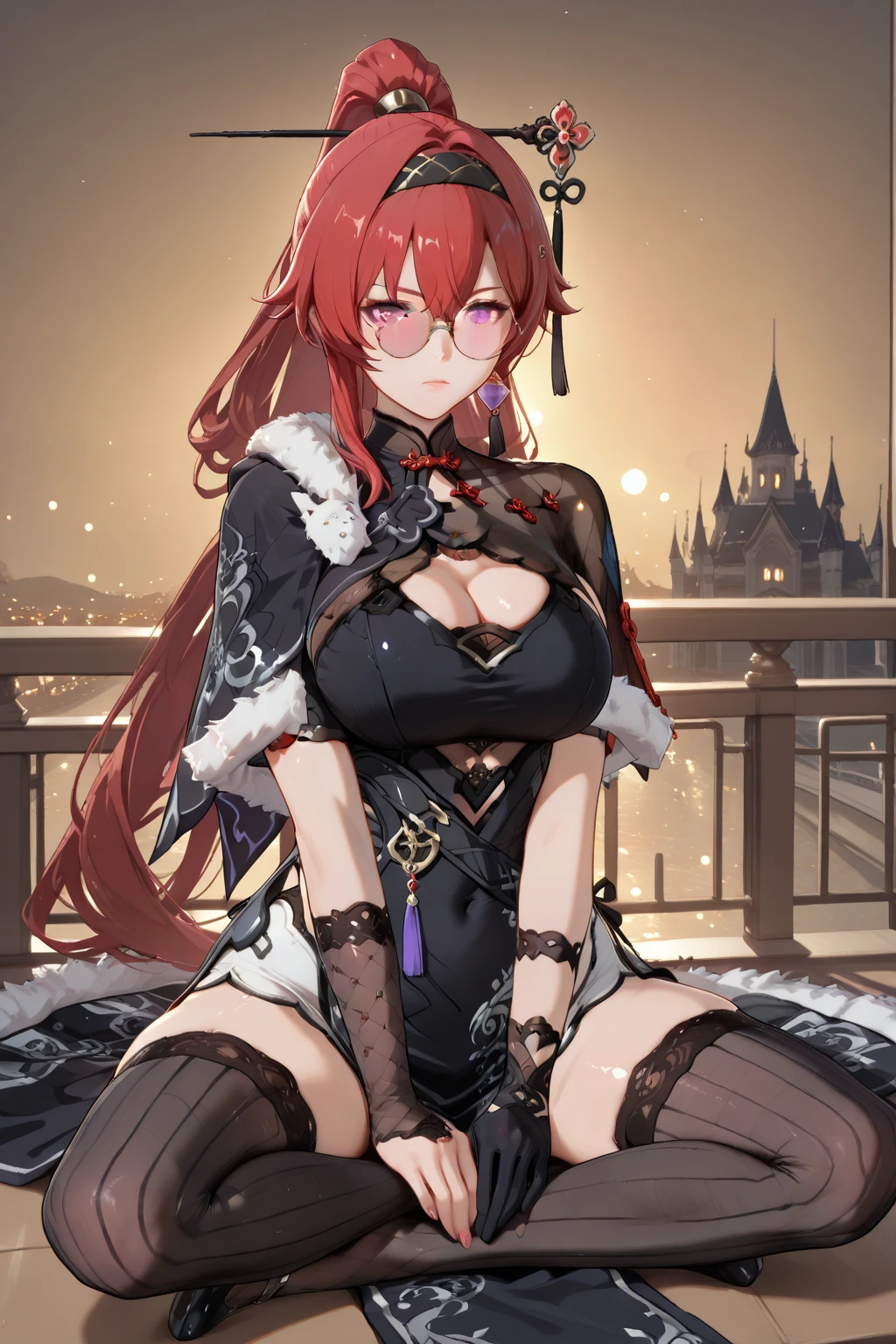 (masterpiece), (highest quality), (illustration), (super detailed), (high resolution), absurdity,1girl,diluc,genshin impact,red hair,wavy ponytail,cleavage,big breasts,((red dress:1.3)),(black stockings),(black fur coat:1.4),(thigh gap 1.5),bracelet,smiles,luxury dining hall,royal ballroom background,studio lighting,standing,cowboy shot,looking at viewer, eyeshadows, eye liner,glistening eyes, hyper detailed eyes, intricate eyes, beautiful eye,((glowing red eyes))、smilling face,standing,seductive pose,bangles,earrings