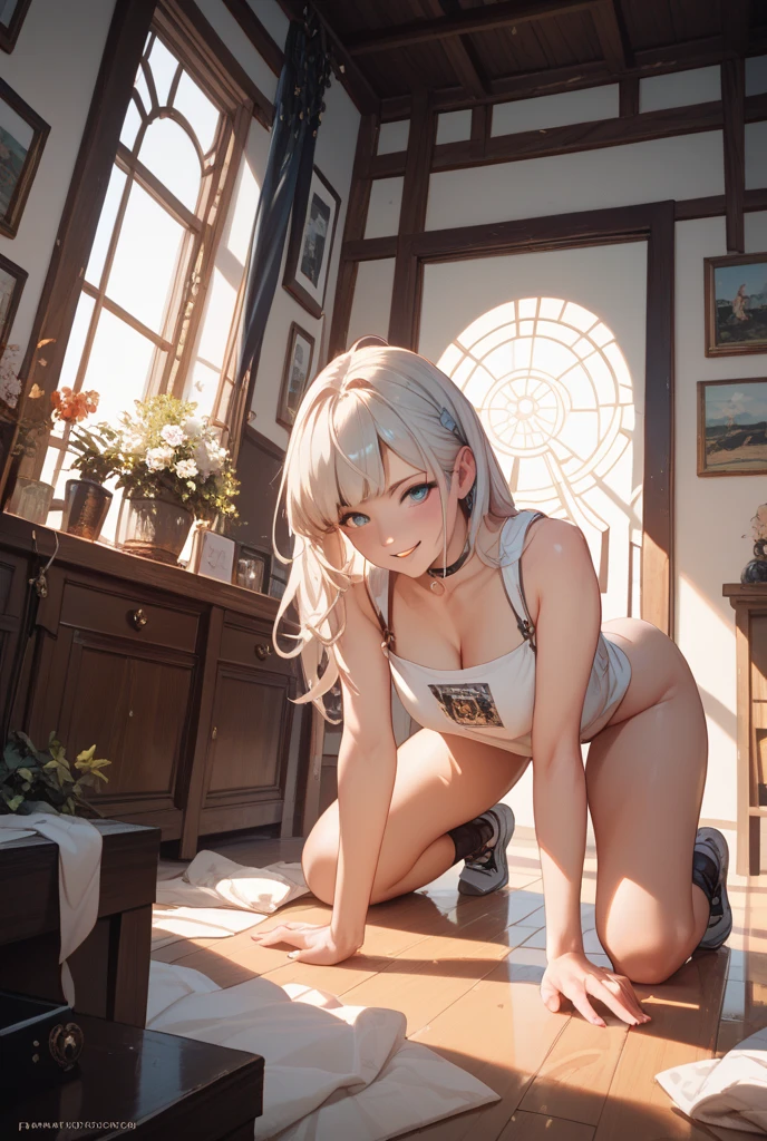 highest quality, masterpiece, High resolution, (Perfect Anatomy) ,1 person fuyutsukiKC, (fuyutsuki) ,((Silver Hair)),((nsfw)) White headband, Crop top,
smile,blush, (indoor, office, living room), 
((Full Body View)),(In underwear) ((Light green panties)), ((light green bra)), Spread your legs, Squat