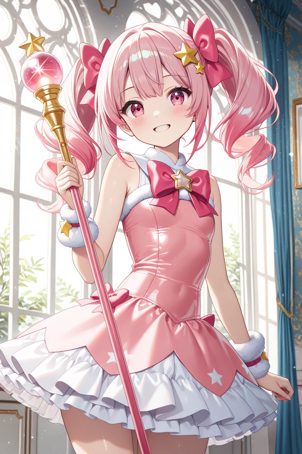 (masterpiece, best quality), 1girl, <lora:ãã¥ã¢ãããã¼ Cure Happy (Smile Pretty Cure):0.8> happy_a, Long red hair, pink eyes, long twin tails, low twintails, , feather hair ornament, tiara, pink choker, cure happy costume, pink shorts under skirt, pink shorts, boots,