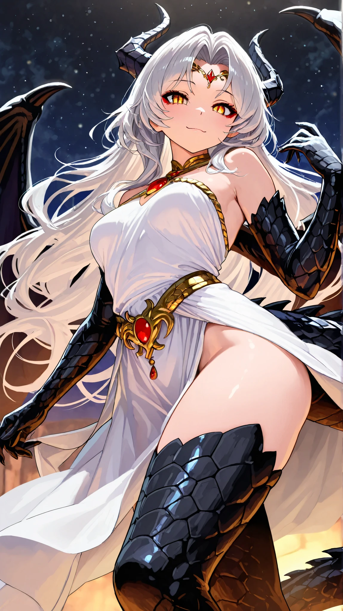 Witch woman, grey hair, ciano eyes, gold clothes, strong and imposing, illustration of a war scene, centralized image, a single image on a single card, with bronze and silver-gold borders,