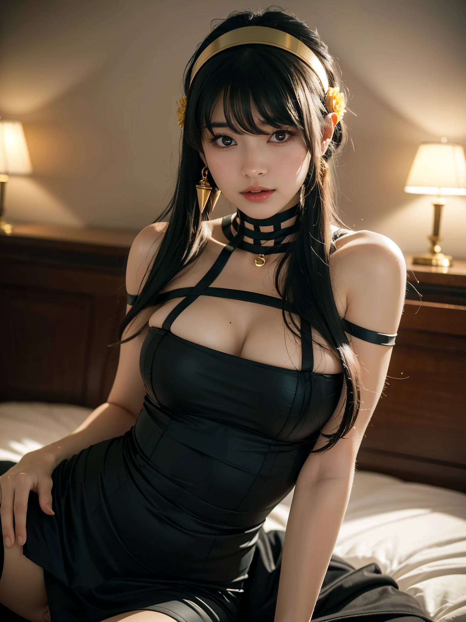 (highest quality, 4K, masterpiece :1.3), Beautiful woman, Surreal, 1 girl,),Ajolf, Side Lock,Short hair and long straight hair, Gold Hair Band, Gold earrings, Gold hair ornament, Big Breasts, Bare shoulders, Black Dress, Double-sided dress with red rose cape, choker, Thigh-high boots, , Fingerless gloves, Thigh-high boots,Slender Beauty, (Huge breasts, Attractive body :1.2), Abdominal exercises :1.1, Long black hair 1.1, Highly detailed face, Lip details, Fine Eyes, double eyelid, Sexy low neck dress, Open neckline,((((Put your hands behind your back))) ,Pose with twisted hips, Visible curves,Muscular, curved legs, Yugal, masterpiece, highest quality, High resolution, aaYugalf,Cowboy Shot, Are standing, Looking at the audience, Outdoor, night, (Perfect Anatomy:1.Two big asses, jewelry, Off the shoulder, Black Pantyhose, Cute Smile, Beautiful and bright lighting, Beautiful breasts,(((Beautiful hands))),