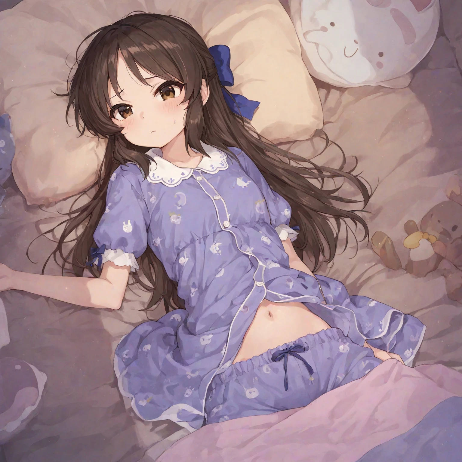 (solo), happiness, joyful, Ultra-detailed, Photorealistic, vibrant colors, snowfield, snow, (lonesome cold (winter night) background), darkness, pines, bed, curtains, falling snowflakes, innocent 1girl goddess, (cute pose), very mean, (evil smile), ((flat chest)), skinny, very thin, anorexic, ((young)), (bright pink floral pajama set), ribbon, handbag, purse, brown hair, luxurious jewelries, expensive necklaces, pearls, pendants, bracelets, earrings, ((tiara)), (blue glowing eyes), (looking down at viewer), hair ribbon, hair flower, (from below), (depth of field), cinematic lighting, close-up, masterpiece, (anatomically correct)