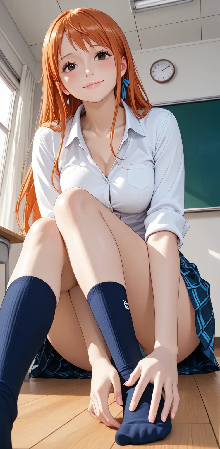 (masterpiece), best quality, high resolution, highly detailed, detailed background, perfect lighting, outdoor background, a mature woman, (schoolgirl uniform), (emotionless face), orange color hair, shiny dark black brown skin, huge long wide breasts, thick, curvy, chubby tummy, spread legs, long skirt,