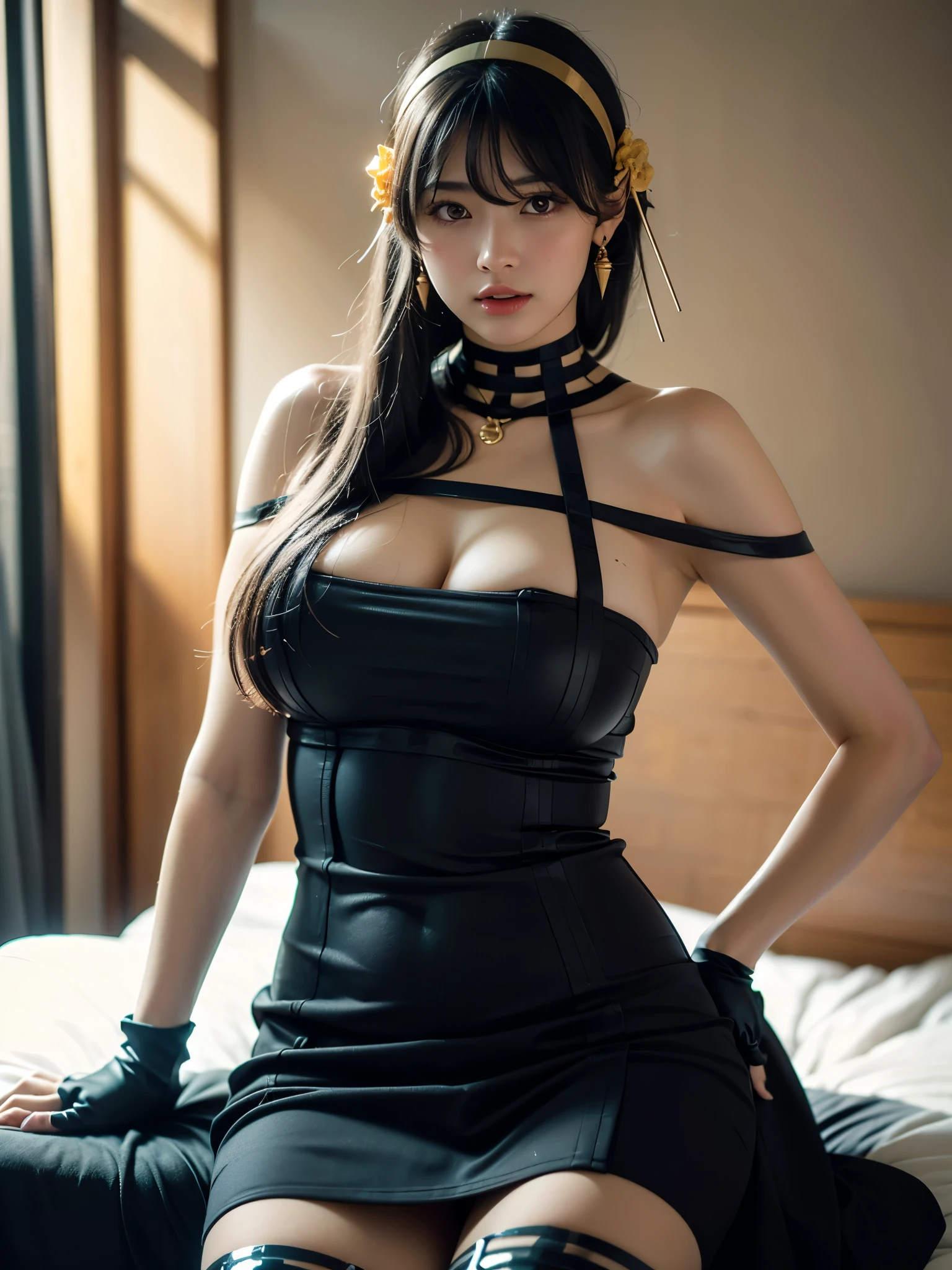 Top quality, 8k, 32k, Masterpiece, photorealistic, realistic, (photorealistic:1,4), solo, slight smile, dramatic lighting, professional makeup, breasts, (natural big breasts: 1.3), (seductive), beautiful white face shining, beautiful face, pink cheeks, beautiful lips, porcelain skin, detail intricate, super detailed, super high, highest detailed, high detailed, delicate, incredible detailed, fine detailed, cinematic lighting, top quality, smooth and beautiful, CG, unity, 8k wallpaper, Stunning, fine detail, unity CG wallpaper 8k ultra-detailed, large file size, ultra-detailed, high resolution, incredible detail, stunning detail, depth of field,red eyes, perfect hands,perfect fingers), (smile),(mature female:1.4),cowboy shot,thicc,
yor,long hair,((gradient hair)),multicolored eyes, gradient eyes, (glowing eyes:1.5), mascara, (fashion make up), parted lips, hairband, jewelry, earrings, hair ornament, hair flower, flower, gold hairband,dress, (black dress),
((hands down)), ((standing, idle, straight face, hand on hip)), short hair