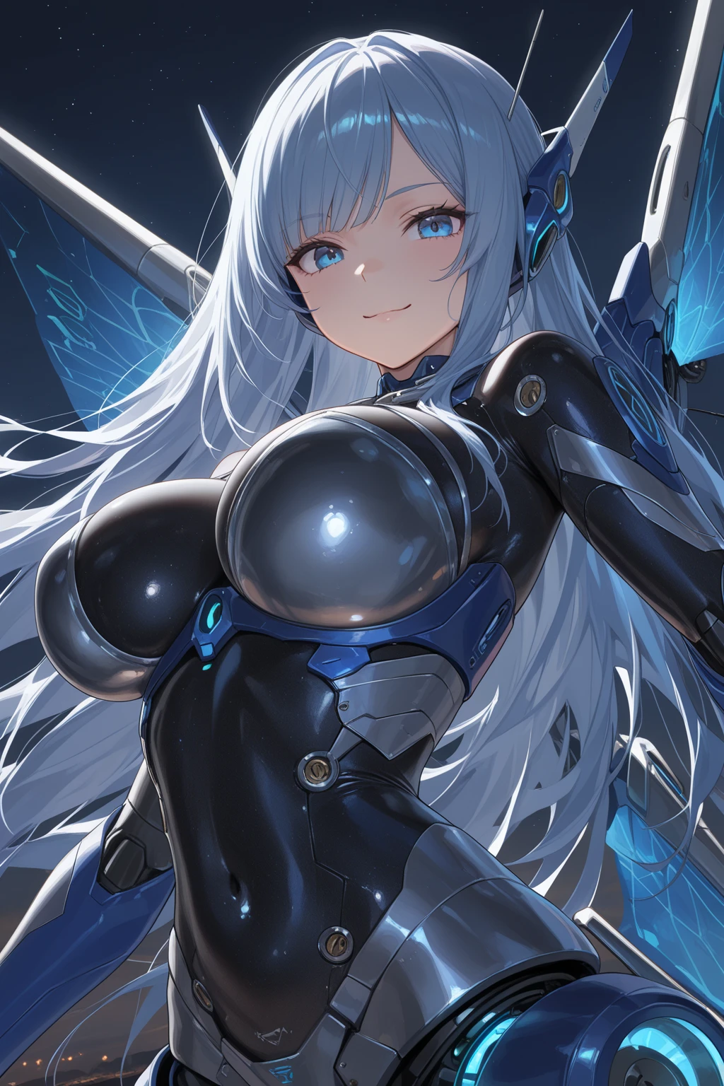((Intense action pose:1.6))、((Shining lenses on both breasts:1.3))、((Blue pillars of light are emanating from both chests.:1.3))、smile、((8K)), ((32k)), ((Highest quality)), ((masterpiece)), ((超A high resolution)), ((Tmasterpiece)), ((Halation:1.4))、((Mechaニカルheadgear:1.2))、((Cyber headphones:1.3))、Fine skin, High quality fabric, Fine metal texture、((Beautiful and dense face))、RAW Photos、Professional, Ultra-fine painting, ((alone)), Beautiful breasts、Highest quality, Very detailed, Very detailed詳細, Finer details, so beautiful, ((Princess Knight Robot:1.2)), (Joints of machines, Mechanical Limbs:1.3), (The internal structure of the machine is exposed:1.3), (Long silver hair:1.1), (Beautiful and huge mechanical breasts)、White Veil, cowboy_shot, Side Focus, headgear, Shiny、(Five Fingers, Four fingers and thumb),Concept Art, Anime fantasy artwork, Detailed fantasy art, (with pale blue-violet hair and large white wings,,,,,,,), (((Long silver hair))), (Mecha:1.6)、Sleek and intimidating design, ((Commander-in-Chief'arm)), (Perfect robot body)、純白と青紫armまたは, Symmetrical wings, 8K high quality, detailed art, 3D rendering of character art in 8K, neat legs, Defined, Defined fingers,