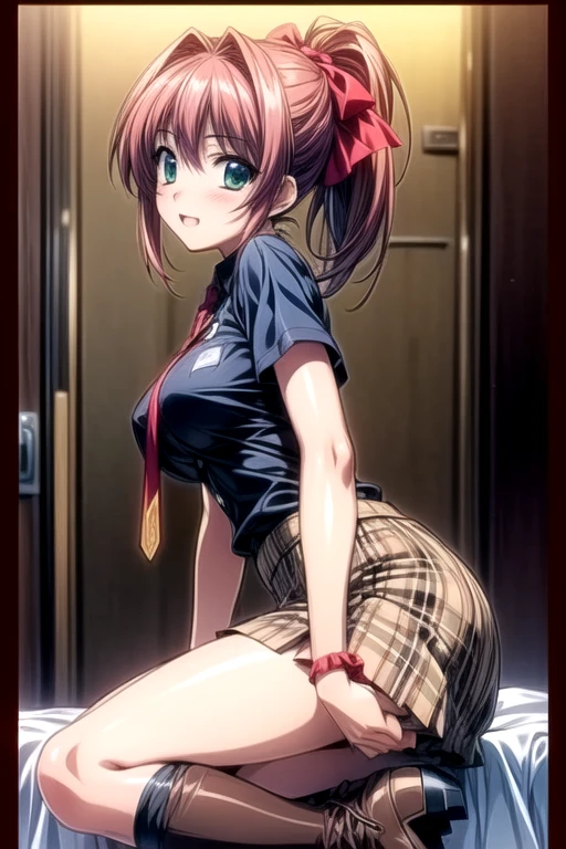 score_9, score_8_up, score_7_up, score_6_up, score_5_up, score_4_up, 1girl,mha uniform, my hero academia, solo, white shirt, red necktie, green skirt, ochaco uraraka, exposed breasts, hair , from behind, squatting, grabbing her own ass, pussy, anus, looking back at viewer, butt, breast, nipple, stripclub background, , skinny girl, long hair, brown Mary sues, socks, strip club setting, neon lights