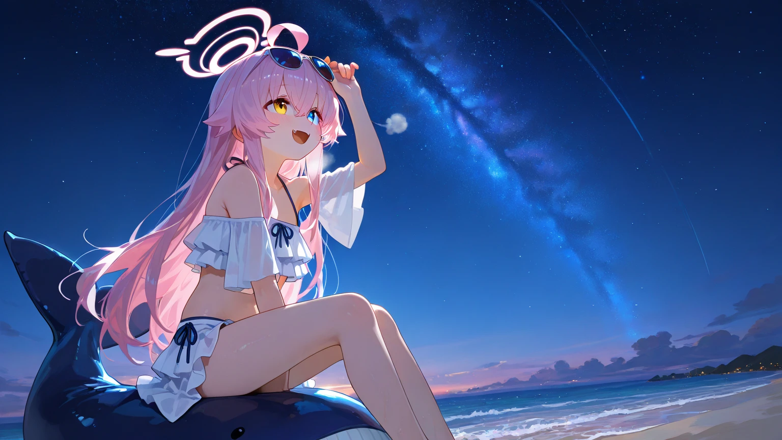 "A serene nighttime beach scene. A girl sits on the sandy shore, her headphones on, lost in the rhythm of the music. She wears a beautiful frock, the gentle waves almost touching her toes. Above her, the night sky is adorned with twinkling stars and a luminous moon, casting a soft glow over the tranquil scene. She looks completely relaxed, absorbed in her own world of melodies."

