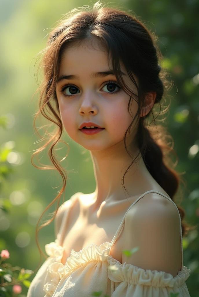 CHILD girl with a black bow and a black dress, menina com cabelo castanho escuro, menina com cabelo castanho, fitas de cabelo preto, uma bela adolescente-idade, wearing hair bow, menina jovem, cabelo castanho e olhos grandes, foto de meio comprimento