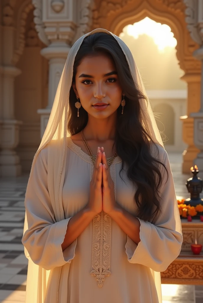 A beautiful white young indian women wearing long white punjabi dress with a long hair braided covered her head with veil praying to God on her knees having her hands praising God with a background of clouds shining with thunders and God blessing her with hand from top.