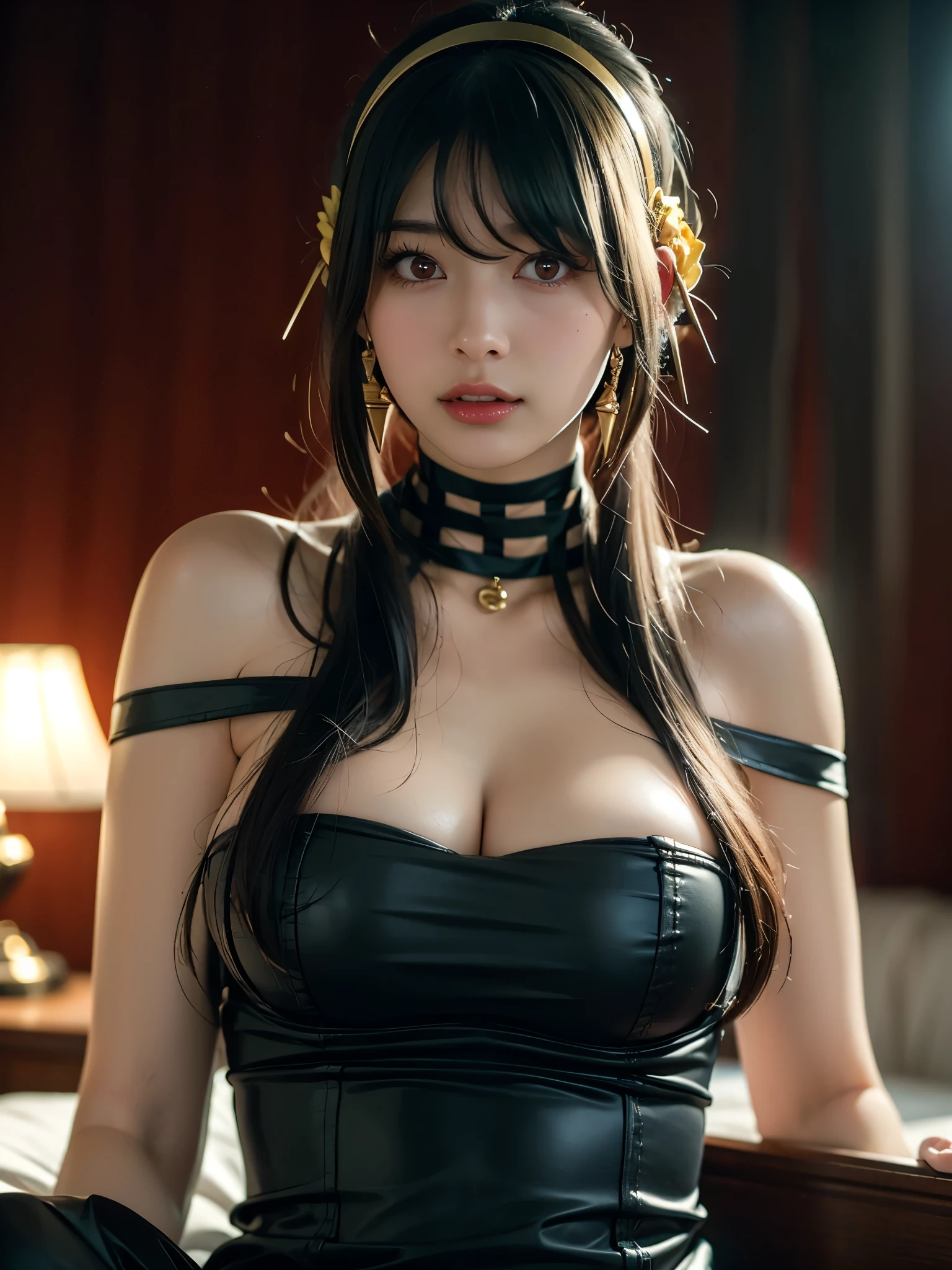 An absurd solution, High resolution, (masterpiece: 1.4), Super detailed, a beautiful russian woman in her 20s, light brown hair, fine white skin, attractive face, tight waist, cleavage, smiling kindly, active posing, detailed eyes, beautiful detailed nose, beautiful detailed lips, long eyelashes, perfectly balanced body, (best quality,8k,highres,masterpiece:1.2),ultra-detailed,(realistic,photorealistic,photo-realistic:1.37),HDR,UHD,studio lighting,ultra-fine painting,sharp focus,physically-based rendering,extreme detail description,professional,vivid colors,bokeh,portrait,seductive gaze, black clothes,(((battle,combat readiness))),defeat the enemy,Jump to dodge attacks,Yol Forger costume