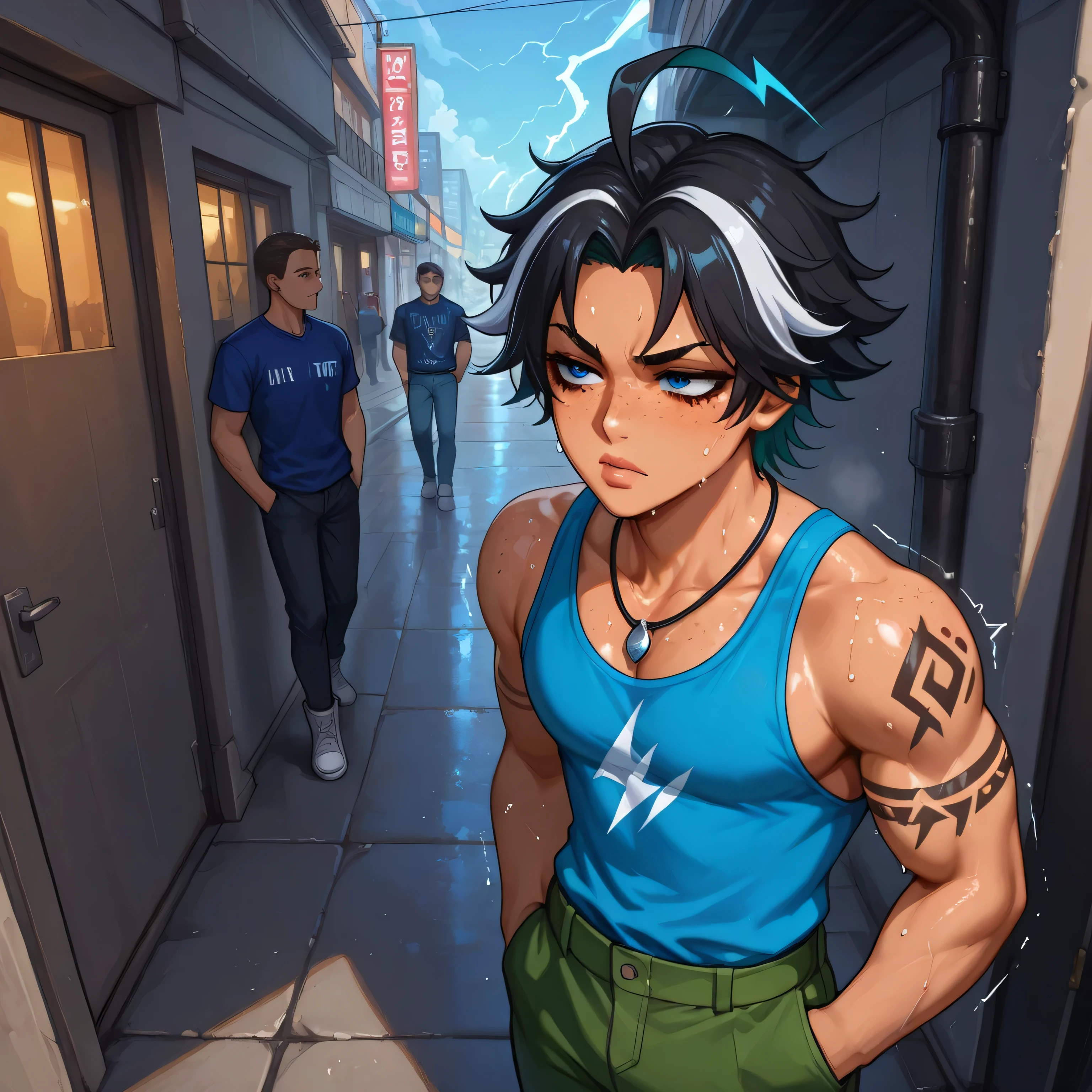 (high side angle), ((maximum quality art, ultra resolution, ultra scenery construction, image error correction)), (Epic anime art, epic scene, ultra detailed scenery, warm colors, ultra quality, full HD, 4k quality, perfectly detailed eyes, rich landscape details, ultra facial details, ultra image sharpness, ultra definition), {Uno de Grand Chase}:((1man, thin waist, blue tank top, white boots, panting, sweaty skin, two-tone hair, messy black hair, blue eyes, intense gaze, serious gaze, expressive gaze, thin eyebrows, freckles, moist lips, perfectly detailed lips, half-closed eyes, perfectly detailed eyes, tribal tattoo on arm, lightning-shaped ahoge hair, strong body, adult male, dark blue army pants, black necklace with silver wedding ring attached)), ((hands in pockets, walking carefree, black flames coming out of the sides of the eyes, walking through the busy city, people of different ethnicities walking in the opposite direction, focus on the character in the center of the image, shaking the collar of the shirt, feeling hot, sweating, defined body, epic entrance image, aspect of scene movement, sensation of character movement, adult body, strong body, street of a brazilian city, mature man):1.12)