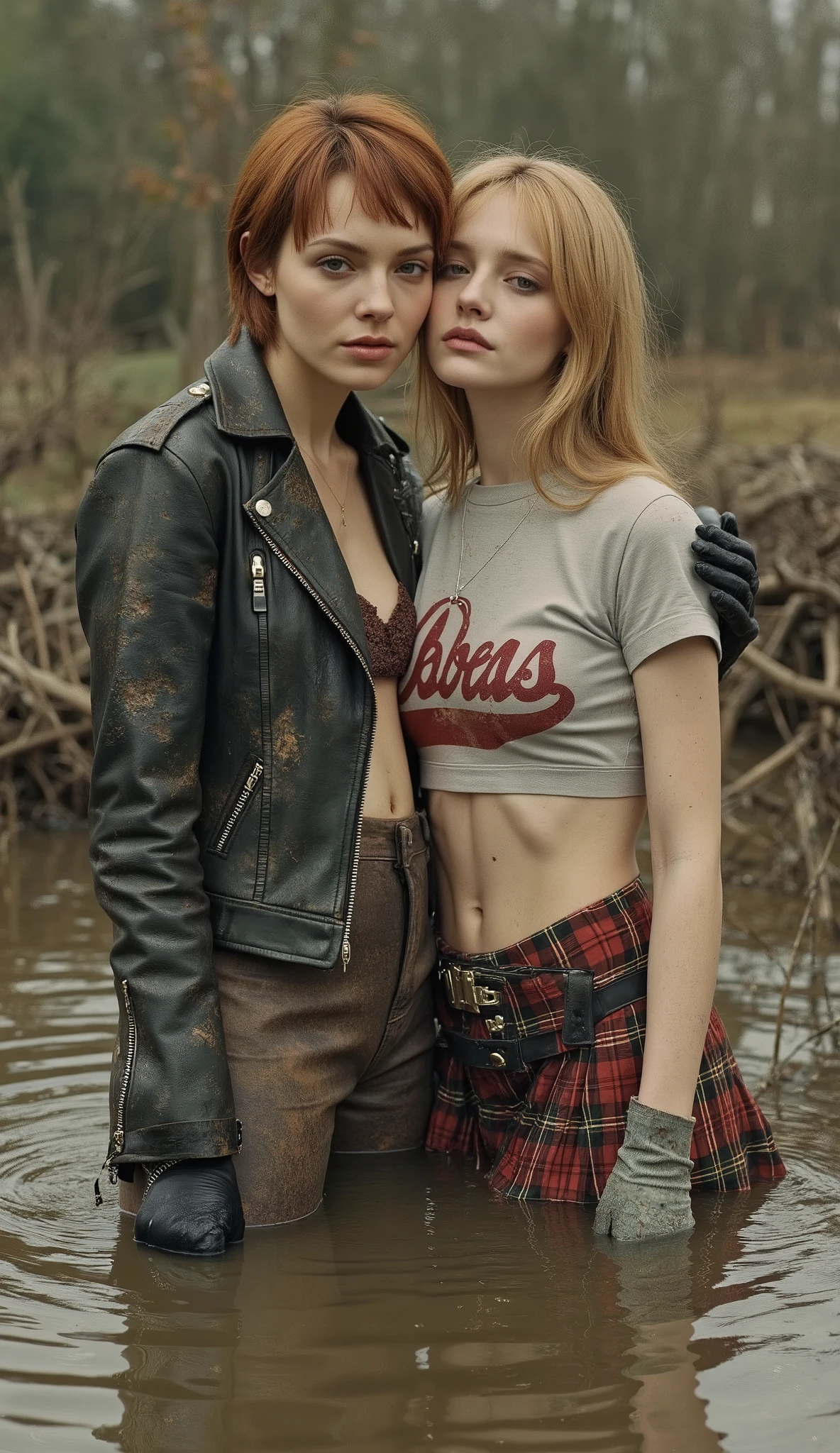 1970s exotic erotic poster illustration, (1 woman, mid-aged, 40 years old, with bags under her eyes, copper-brunette short haircut, in a faded rough leather torture jacket and faded ugly tight flared biker rough leather torture jeans with laces, gloves) and (1 girl, fragile, 20 years old, long blond hair, sports T-shirt, Tartan skirt and over-knee boots, a gloomy expression of orgasm). drowning standing in sludge bog, they have pale skin, dark orgasm.