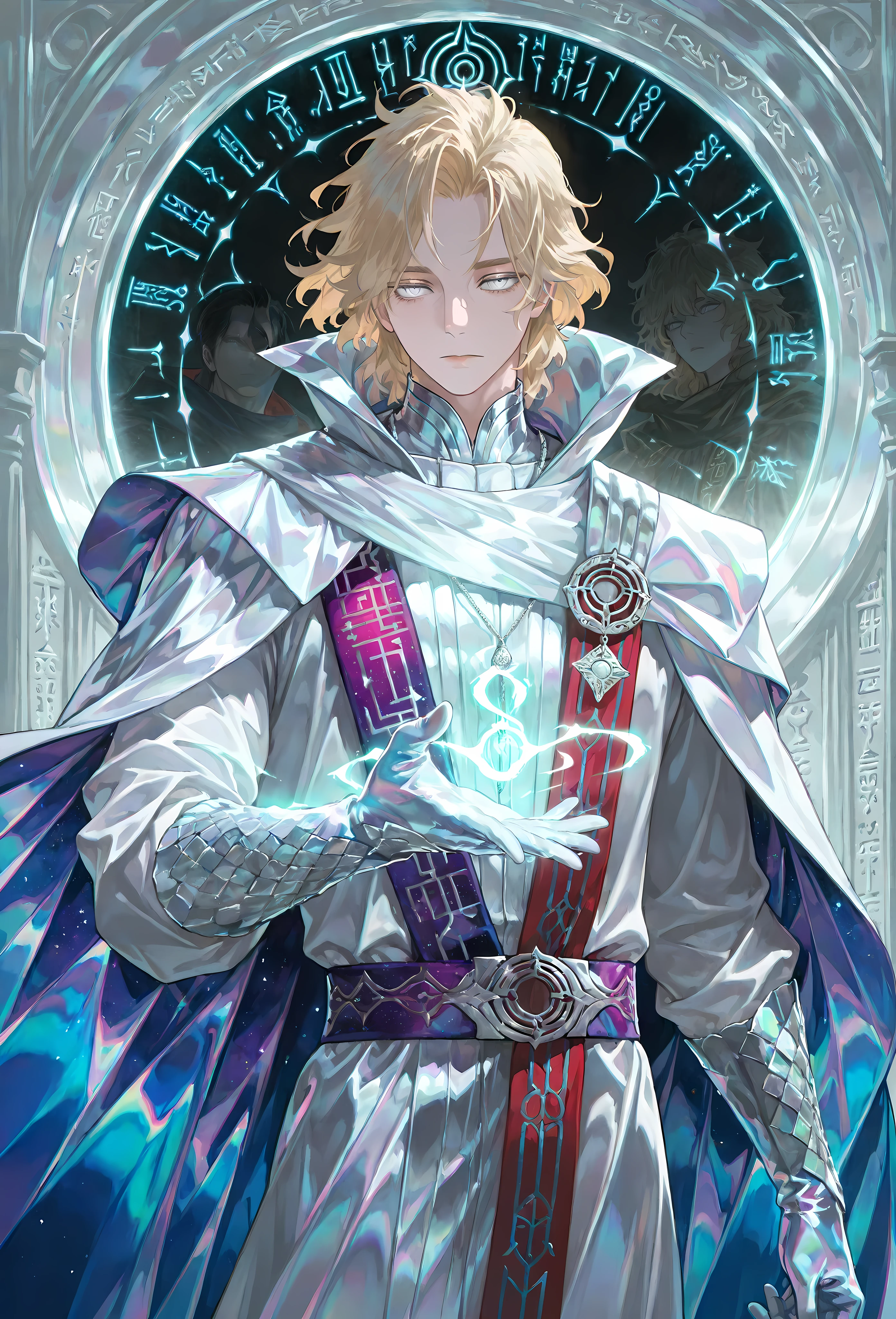 8k, beautiful masterpiece, looking out at the front, alone, pale skin, Perfect Eyes shape, Athletic Build, ((He wears: White Doctor Strange Robes, Eye of Agamotto Amulet, Cosmic Cape with Cowl, Mystic Gloves, Cosmic Sash)), (((background is vast magic library, looks emotionless and somber casting a spell via magic sigils and glyphs))), 23 years old male, 1 man, male-centered, handsome man, handsome, short messy hair, blonde hair, Thick painted, (((iridescent silver eyes))), Perfect Eyes, masterpiece, top quality, amazing quality, exquisite details, very detailed, semi-realism art , semi-realism art style