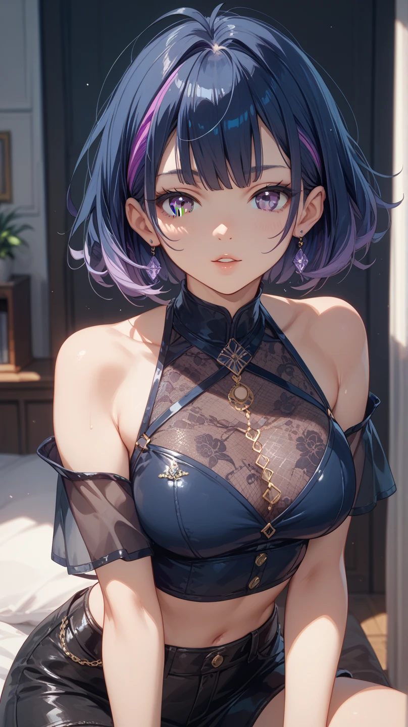 ((best quality)), ((masterpiece)), (detailed), perfect face, (best quality), (detailed skin:1.3), (intricate details), party, ball gown, ((midnight blue dress)), plunging neckline, green emerald necklace, earrings, bewitching smile, (short hair, purple hair), terrace seats at night