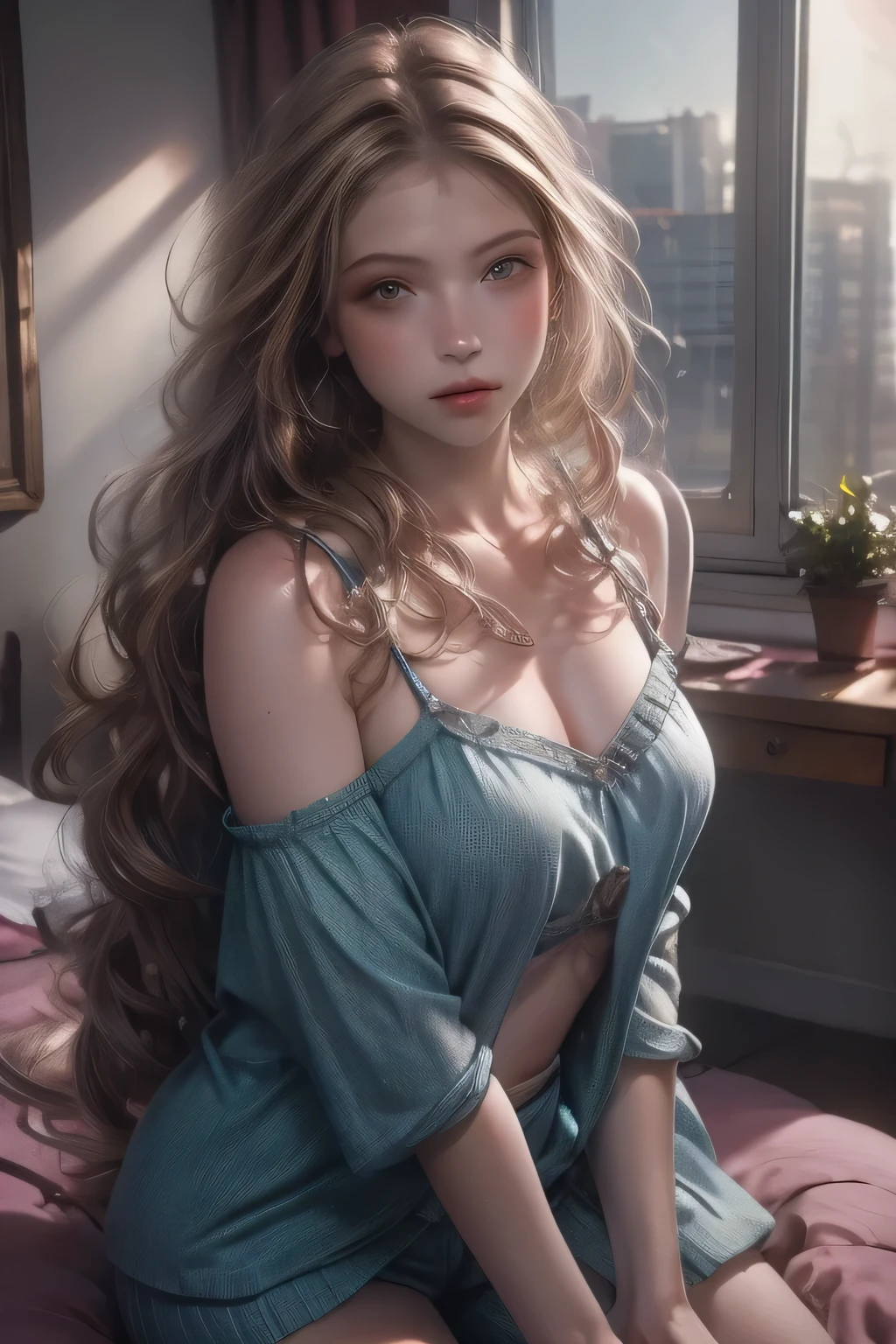 (photorealism:1.2), beautiful woman, sitting on bed, wearing loose off-shoulder top, pajama pants, long curly hair, indoors, soft lighting, plants in background, window with sunlight, cozy room, relaxed pose, realistic, intricate details