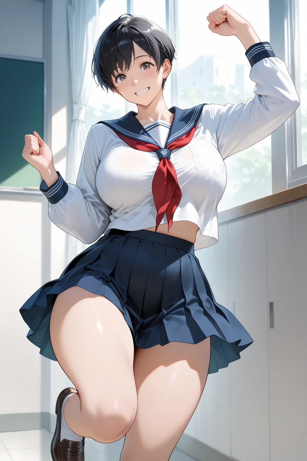 1girl in, lightsmile, Shiny skin, Best Quality, masutepiece, (Game CG:1.4), NSFW,huge tit、 ,Detailed beautiful face and eyes,爆乳、Lingerie with a small area, Sailor Mercury, I could feel the battle, Serious, Cowboy Shot、large full breasts、Solo, (Curve:1.1), looking down to viewer, Embarrassed face, ((From below:1.5)) Looks Back, ((Leaning forward)), seen from back, lip stick, makeup, Ultra Detail Hair, ultra detail face, (Purple eyes:1.05), Perfect eyes, Perfect face, earrings, (Confused, blush:1.2), , (black thighhighs, Garter Belt:1.1), zettai ryouiki, , high-heels, (Large breasts:1.1), cleavage, Big ass, thighs thighs thighs thighs, Show panties, ((From the hem of the rolled up skirt to the crotch))
