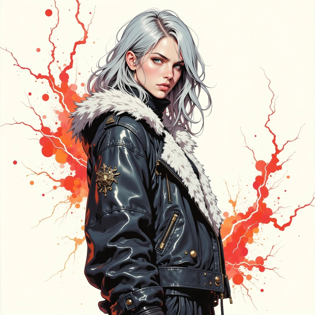 (best qualityer))), (((manga strokes))), (((white hair with red highlights))), (((baggy pants with bone print))), uma Kizi jovem muito bem vestida com roupas modernas de inverno, pants with military camouflage pattern, top gift vertical stripes, short jacket with dark fur collar, beautiful and expressive face, slightly-smile, big eyes with long black eyelashes, heavy make-up, chains and zippers spread across clothes, contrasting colours, pose de atitude, hair with a modern and futuristic cut, urban game poster art, dramatic camera angles, graffiti art elements in the background, design mixing contemporary and retro by Shepard Fairey, (((cowboy shot))), (((best qualityer: 1.4))), (Unbeatable masterpiece), (hiper HD),(CG 8k hyper-realistic), Kizi, (((standing alone))), pirralha violent, (((14歳))), sexly, pose de atitude, work of art, post-apocalypse, (((manga style))), bounty hunter, violent, Manic, the way you want, slenderbody, thin but strong, perfectbody, roupa moderna, advanced technology, neon, sleeves with vertical striped pattern, neutral background, (( cowboy shot )). intricate visual