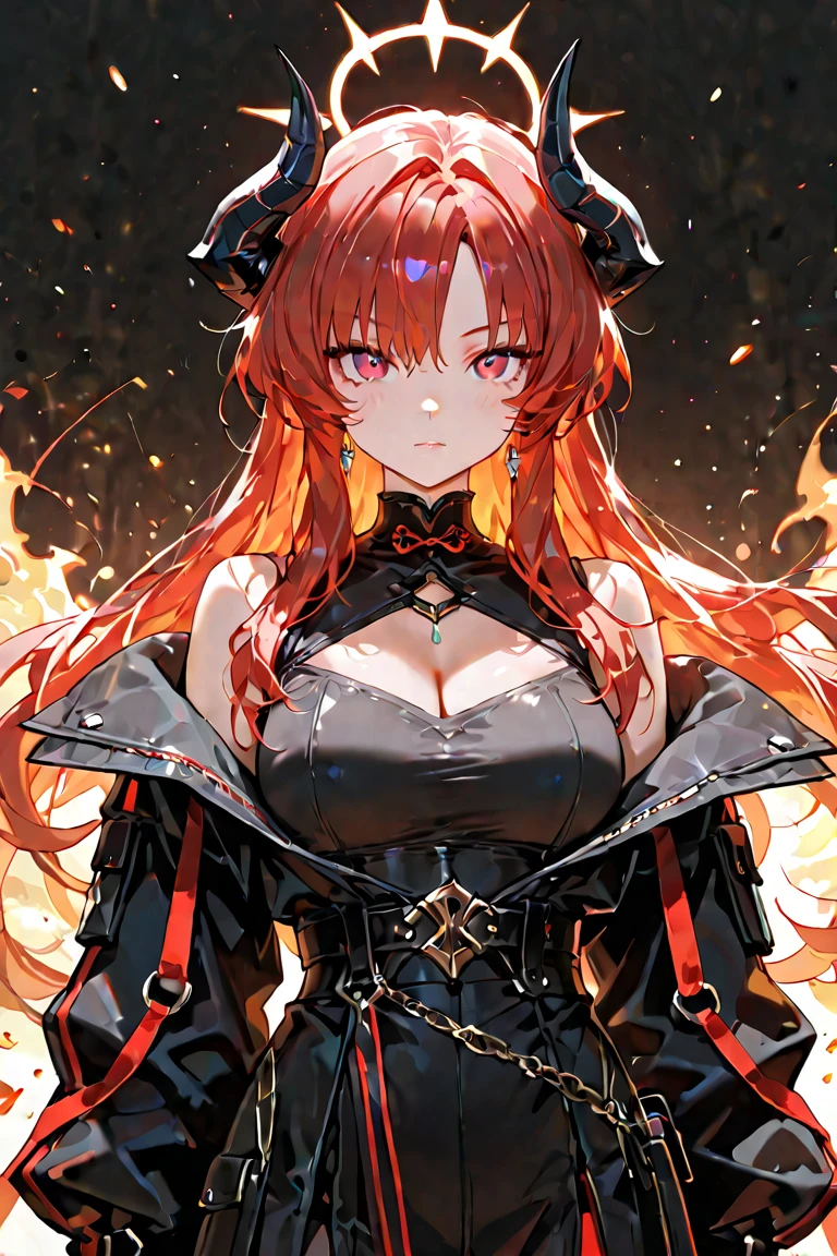 (UHD, retina, masterpiece, accurate, anatomically_correct, textured_skin, super_detail, high_details, high_quality, best_quality, high_res, 1080P, HD, 4K, 8k, 16k), (beautiful_detailed_eyes, beautiful_detailed_lips, extremely_detailed_eyes_and_face), soft_lighting, physically-based_rendering, vivid_colors, (large_breasts:1.5), (shiny_hair, shiny_skin, tanned_skin, blush), (bangs:1.5), eye_reflection, (bokeh, fire:1.5),