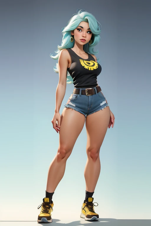 16k, UHD, Hyperrealistic, High detail, best quality, beautiful woman, long gray hair, whire capris with gold belt, yelloe torn tank top, exposed stomach, yellow heels, big boobs, belly button piercing, nightclub