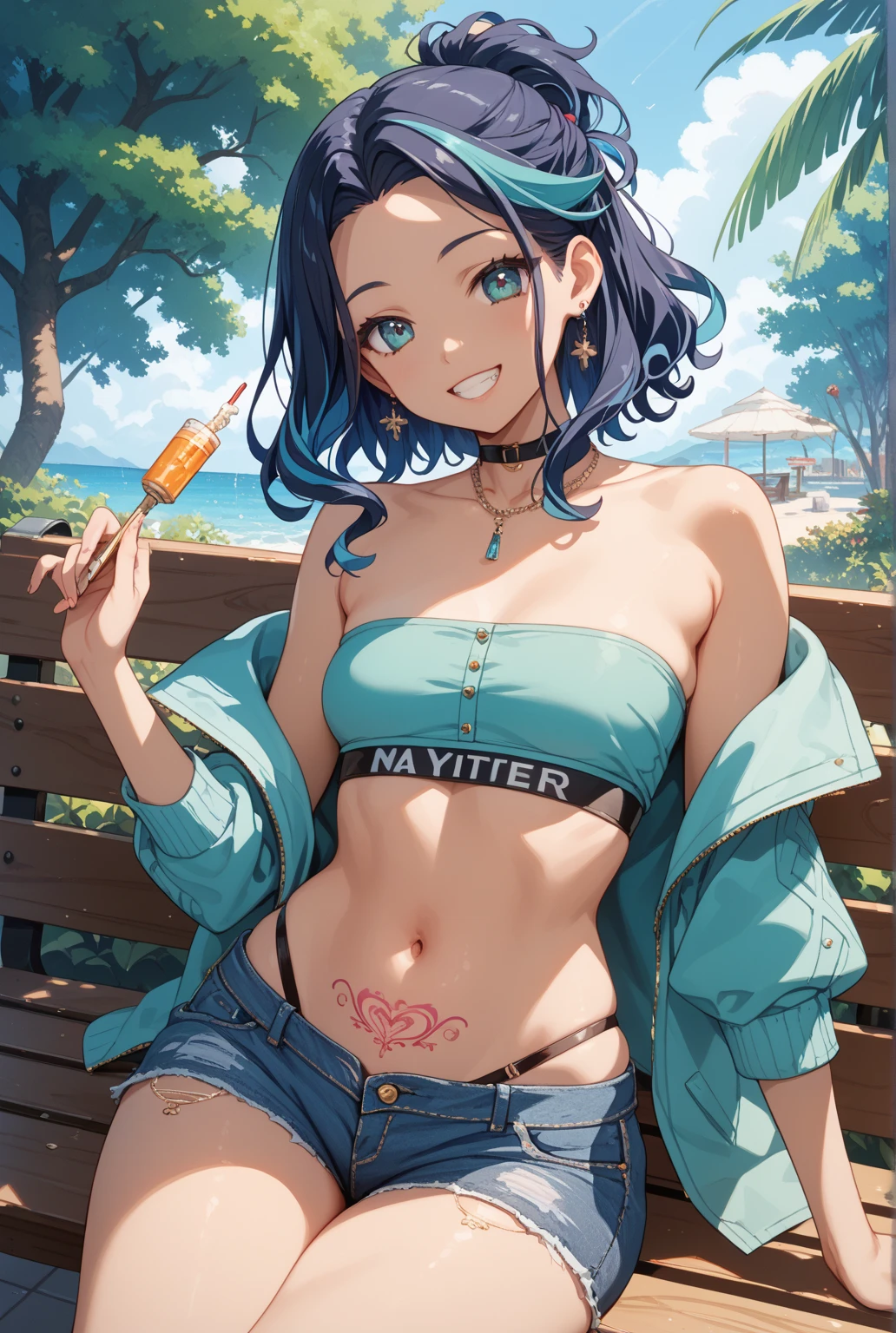 (best quarity,ultra detailed,ultra-high-resolution, absolutely resolution,8k, masterpiece), 20 years old,very-cute-and-beautiful-anime-girl,highly-detailed-face-and-eyes,grin,big-breast,(bust-shot:1.4),(from-below),blue-sky,(dark_skin:1.3),(tribal_tatoo:1.2),(Glossy Oceania Accessories:1.5),(wavy hairs),(messy hair),(asymmetry bangs),(multicolored hair),(blue eyes:1.3),(short-pants-bikini),deep-jungle,toropical flowers,vivid-colors,
